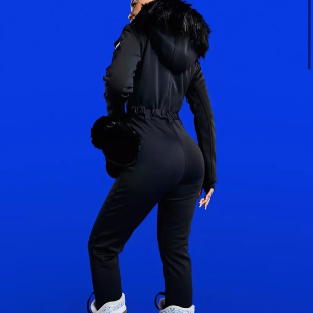 ASOS 4505 ski fitted belted ski suit with fur faux hood